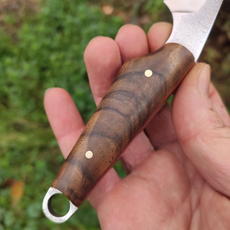 Wharncliffe EDC nož s fiksnim rezilom in usnjenim etuijem, jeklo Sleipner in turški oreh,