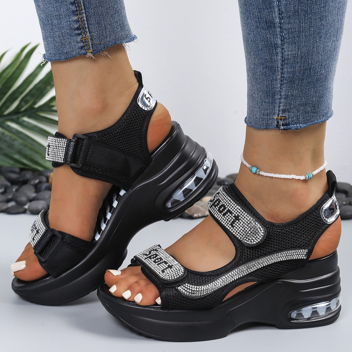 🔥Zadnja promocija - 50% popust - Modni ženski ortopedski sandali s platformo in kristali