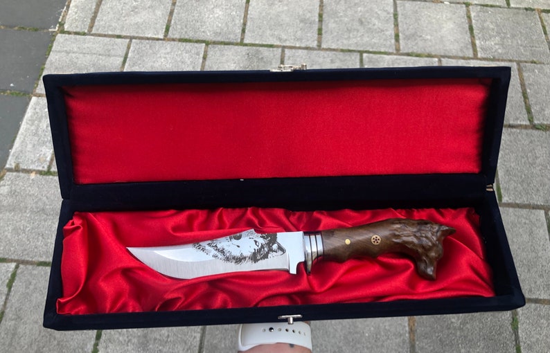 Turistični nož z volčjo glavo, ročno izdelan lovski nož, darilo za obletnico/rojstni dan, personaliziran nož