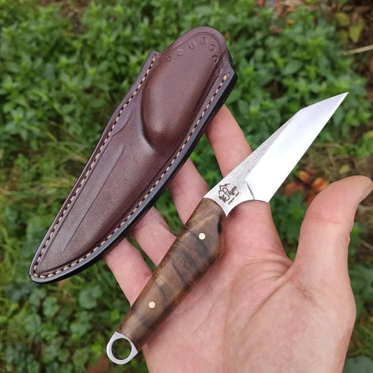 Wharncliffe EDC nož s fiksnim rezilom in usnjenim etuijem, jeklo Sleipner in turški oreh,