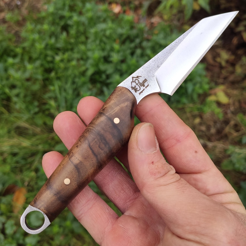 Wharncliffe EDC nož s fiksnim rezilom in usnjenim etuijem, jeklo Sleipner in turški oreh,