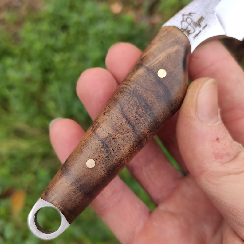 Wharncliffe EDC nož s fiksnim rezilom in usnjenim etuijem, jeklo Sleipner in turški oreh,