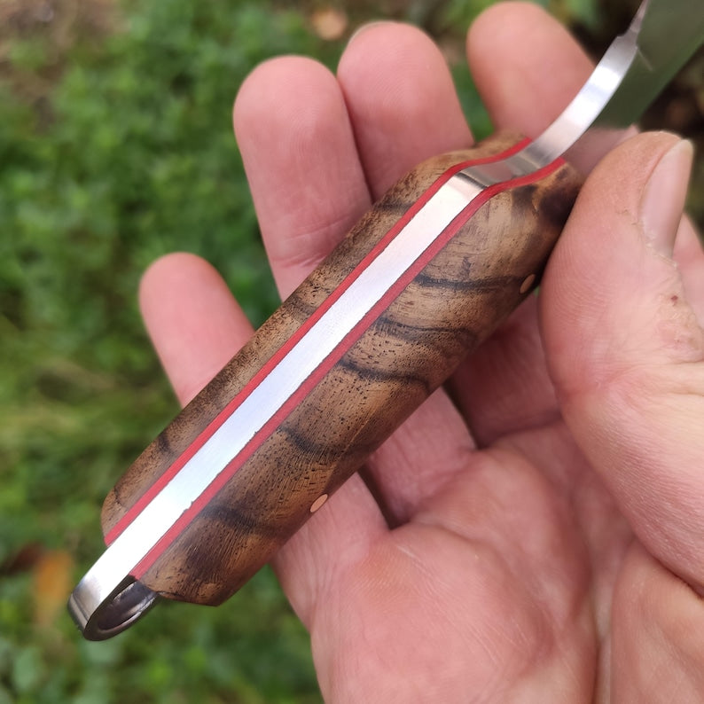 Wharncliffe EDC nož s fiksnim rezilom in usnjenim etuijem, jeklo Sleipner in turški oreh,