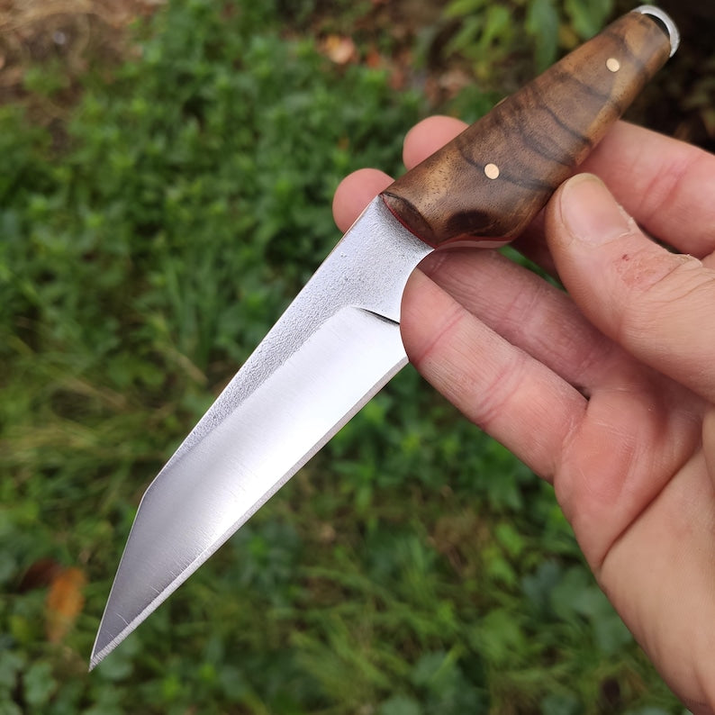 Wharncliffe EDC nož s fiksnim rezilom in usnjenim etuijem, jeklo Sleipner in turški oreh,