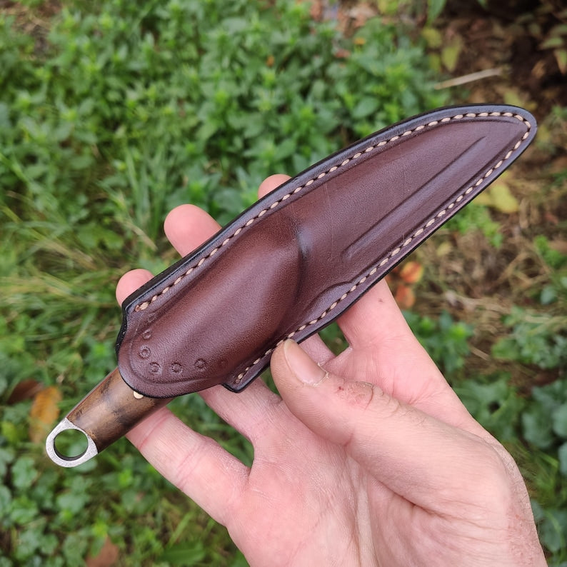 Wharncliffe EDC nož s fiksnim rezilom in usnjenim etuijem, jeklo Sleipner in turški oreh,